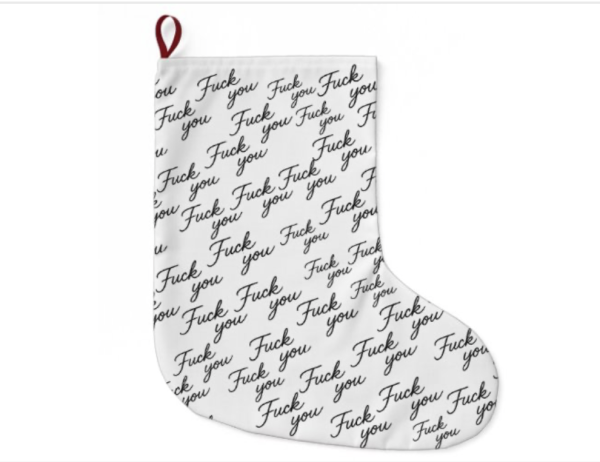 Elegant Christmas stocking design featuring dainty cursive text that repeatedly spells Fuck You across the fabric. The script is delicate and refined, creating a sharp contrast with the offensive phrase. Backed by a bold red background, the pattern blends holiday elegance with irreverent humor for a stocking that is both stylish and unapologetically inappropriate.